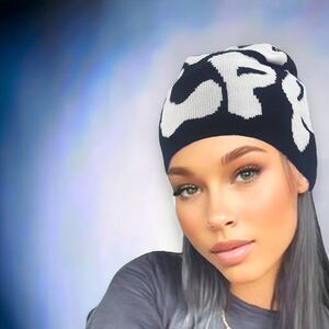 Black MEA Culpa White Skull Cap Knit Beanie Hat NEW